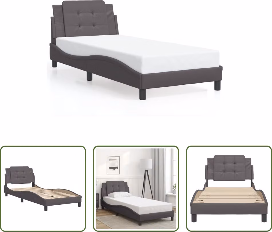 The Living Store Giroletto con testiera grigio 80x200 cm in ecopelle