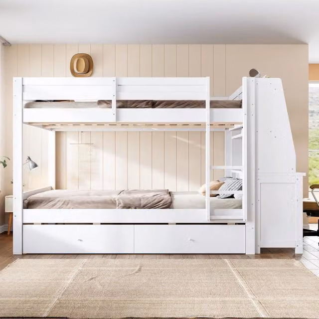 Letto a Castello 140x200 cm in Legno Bianco con Scrivania; Armadio Reversibile e Cassetti