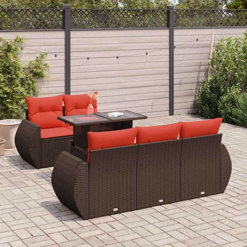 Set Divano da Giardino vidaXL 6 Pezzi in Polyrattan Marrone con Cuscini e Tavolino da Esterno a Forma di L