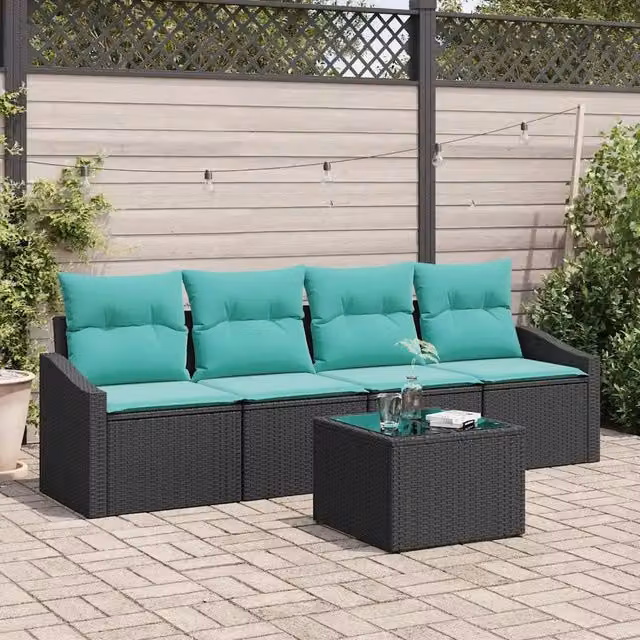 Set di divani 5 pz 3-Numero di posti Nero e Turchese polyrattan 3346596