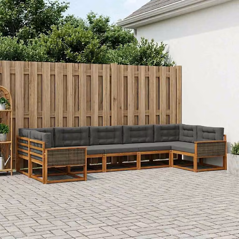 Set di divani da esterno vidaXL a forma di L in legno di acacia con cuscini, colore naturale e antracite, 7 pezzi