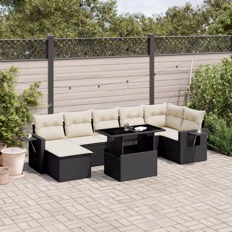 vidaXL Set Divani da Giardino a L con Cuscini 8 pz in Polyrattan Nero e Bianco