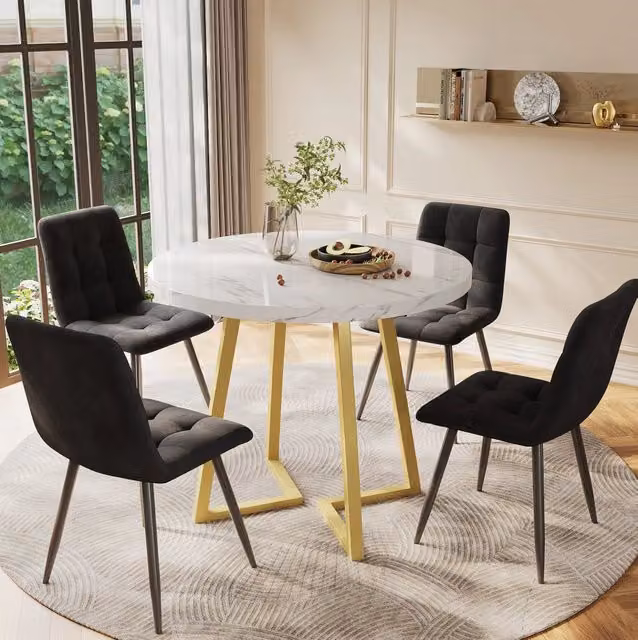 Set da pranzo moderno 5 pezzi con tavolo rotondo diametro 80 cm in MDF bianco e gambe in metallo dorato, 4 sedie in velluto nero