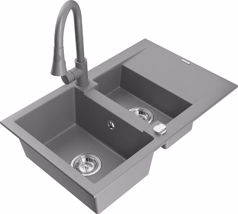 Mexen Gaspar lavello in granito da 1,5 vasche con sgocciolatoio e rubinetto da cucina Elia, grigio - 6507-71-670101-71