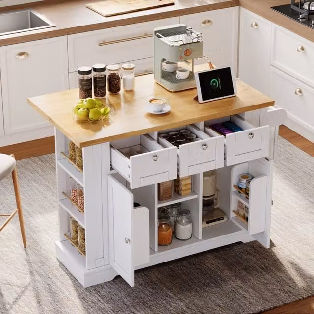 Isola cucina mobile con piano pieghevole 132 cm in MDF con 3 cassetti, 2 ante e presa USB