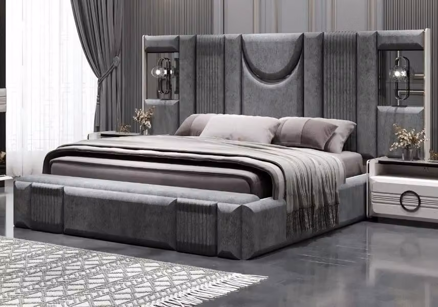 Bett Doppelbett Polsterbett Bettrahmen Stoffbett hohes Kopfteil Grau
