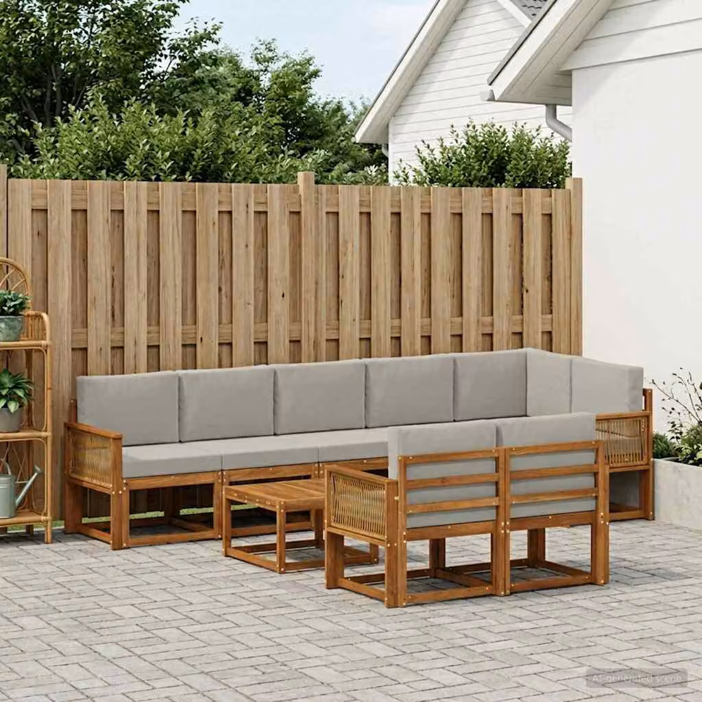 vidaXL Set di divani da esterno a L in legno di acacia con tavolino, 9 pezzi, Beige e Grigio