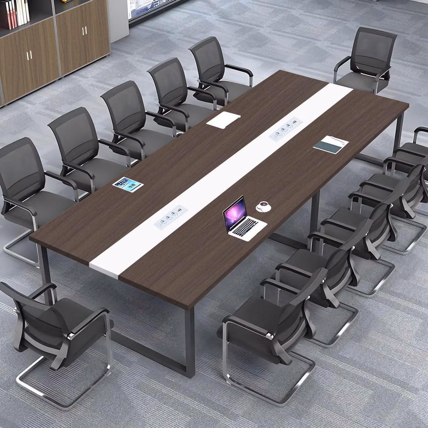 Tavolo da conferenza con sistema di gestione dei cavi, dimensioni 360x120x74 cm, design moderno, ideale per l'ufficio
