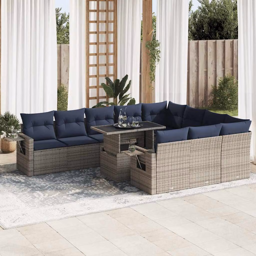 Set Divani da Giardino vidaXL 11 pz in Polyrattan con Cuscini e Tavolino, Forma a U, Colore Grigio e Acacia
