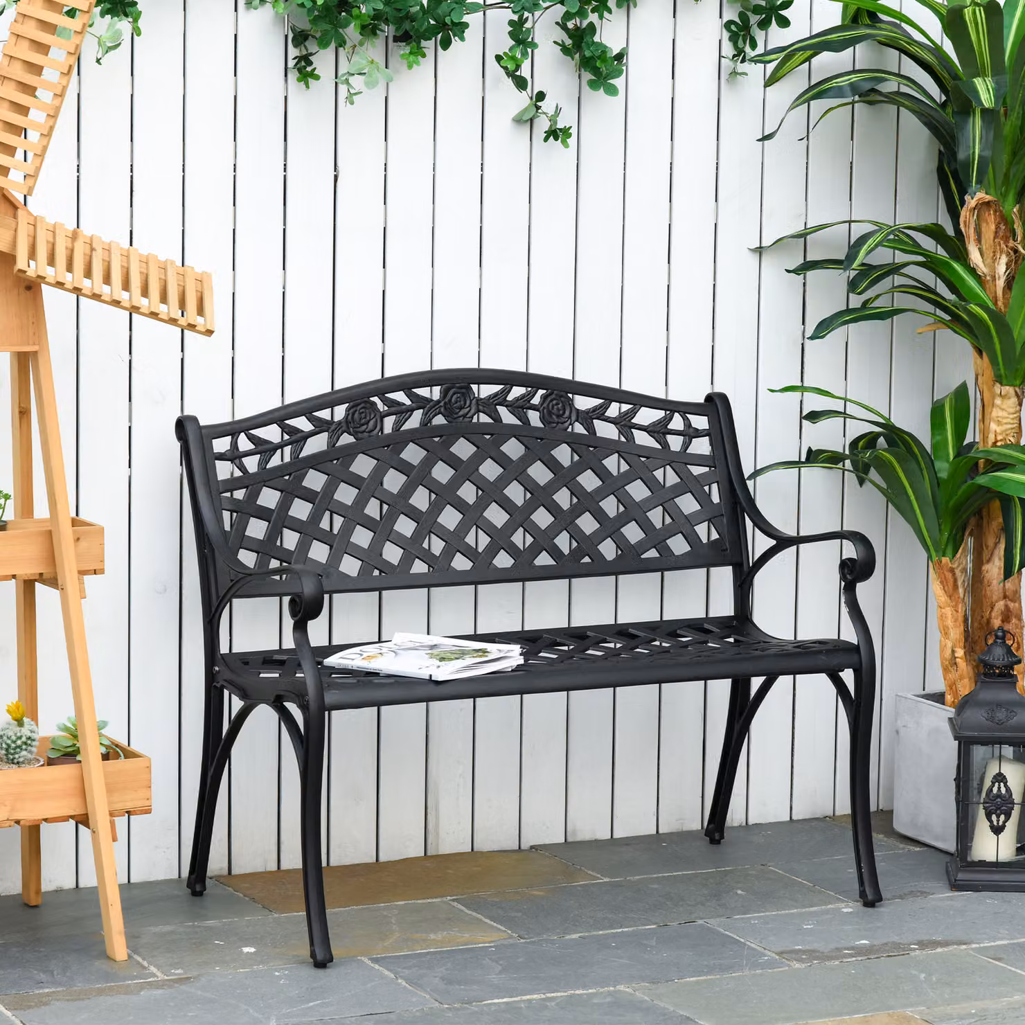 Panchina da giardino Outsunny a 2 posti in stile rustico con braccioli, colore nero, L: 102,5 cm, P: 61 cm, H: 84 cm – 2