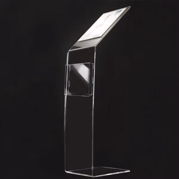 Leggio in plexiglass trasparente a L con 1 tasca e porta depliant A4 Personalizzabile TOP EVENTI STORE