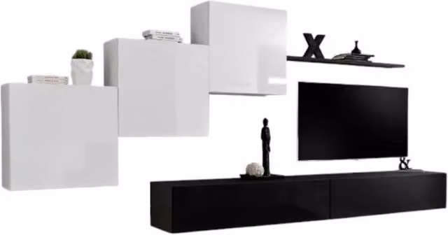 Composizione murale SWITCH X – Mobile TV da parete, cubi sospesi e mensola – Nero e bianco lucido – Design moderno
