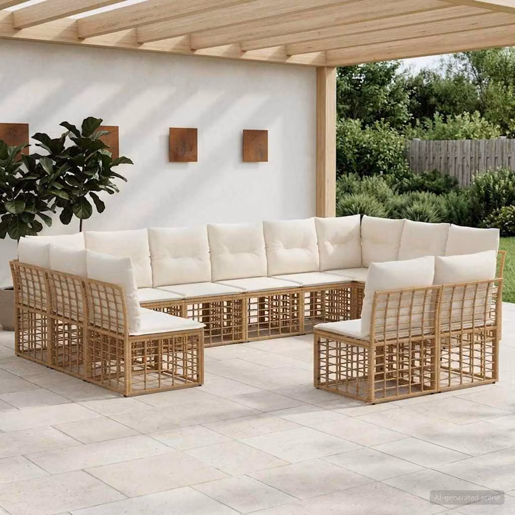 Set di divani da esterno a forma di U vidaXL in rattan e metallo con cuscini, Beige, Marrone e Bianco
