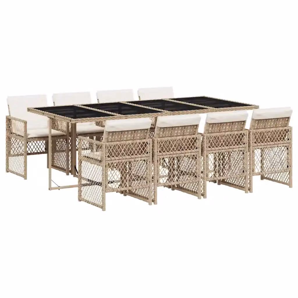 vidaXL Set da Pranzo da Giardino 9 pz in Polyrattan con Cuscini Beige e Bianco e Tavolo in Vetro – 2