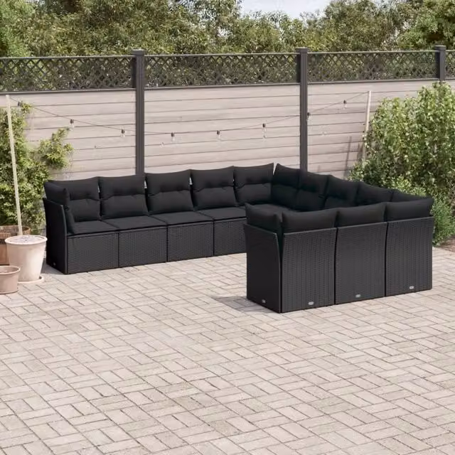 Set di Divani da Giardino Moderno VIDAXL in Polyrattan Nero con Cuscini, Composizione a L da 11 Pezzi