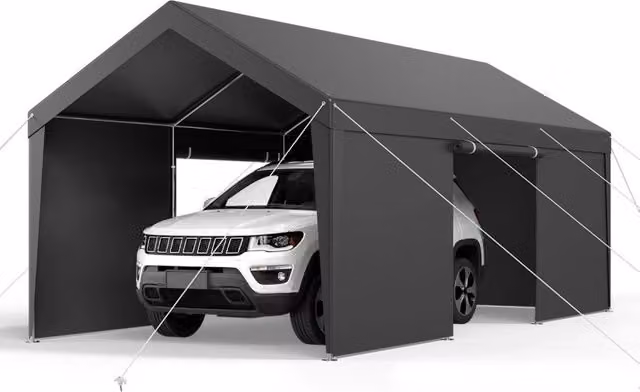 Posto Auto Coperto 3,65 x 6,09 x 3,02 m in Acciaio Zincato e PE Grigio, Tettoia Riparo per Auto e Barca con Pareti Rimovibili Robusto per Giardino