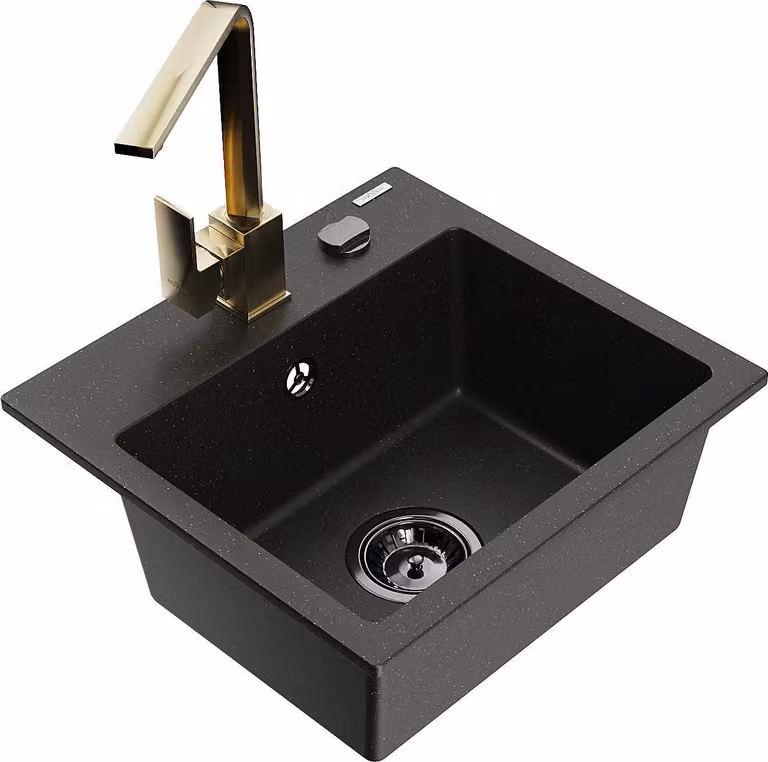 Mexen Milo lavello in granito a 1 vasca con rubinetto da cucina Rita, nero/oro metallizzato - 6505-75-670300-50-B