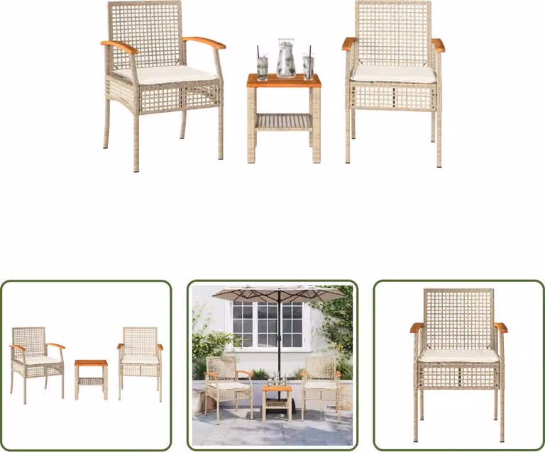 The Living Store Set bistrot 3 pezzi con cuscini Beige poly rattan legno di acacia