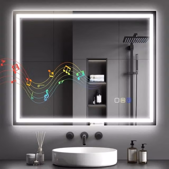 Specchio da bagno moderno DESIGN IN con luce LED regolabile, speaker Bluetooth e funzione antiappannante, L: 80 cm, H: 100 cm, colore argento o bianco