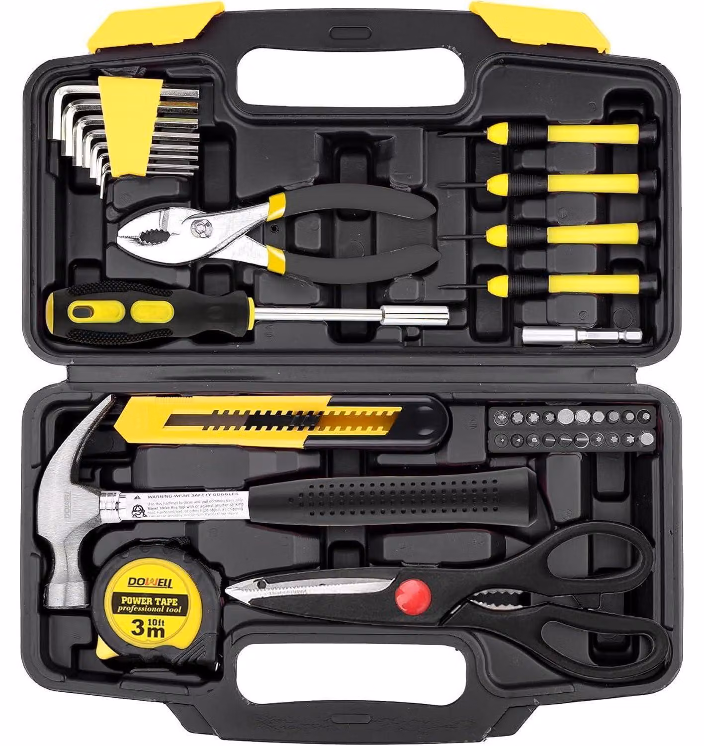 Set di attrezzi da 40 pezzi per uso domestico, colore giallo, con custodia in plastica