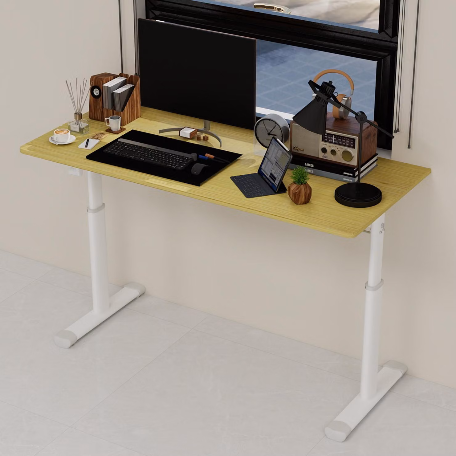 MODFU Scrivania da ufficio regolabile in altezza 60*120 con gambe larghe per bambini e adulti, tavolino da divano con struttura a doppia colonna e gambe del tavolo bianche, legno