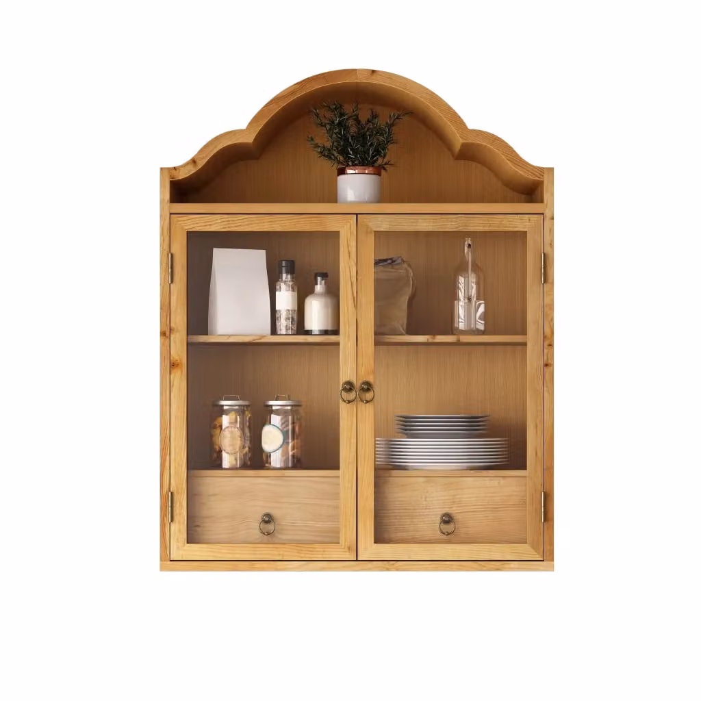 Vetrina pensile in legno massello e vetro con 2 cassetti e ripiani interni per cucina e soggiorno, L: 60 cm, P: 22 cm, H: 76.5 cm, colore naturale/marrone – 2