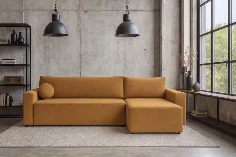 Divano ad angolo Sofello BELLA Modern Bouclé: design elegante e funzionalità. Funzione letto e capiente contenitore, cuscini a sfera in OMAGGIO, superficie di riposo: 191–200