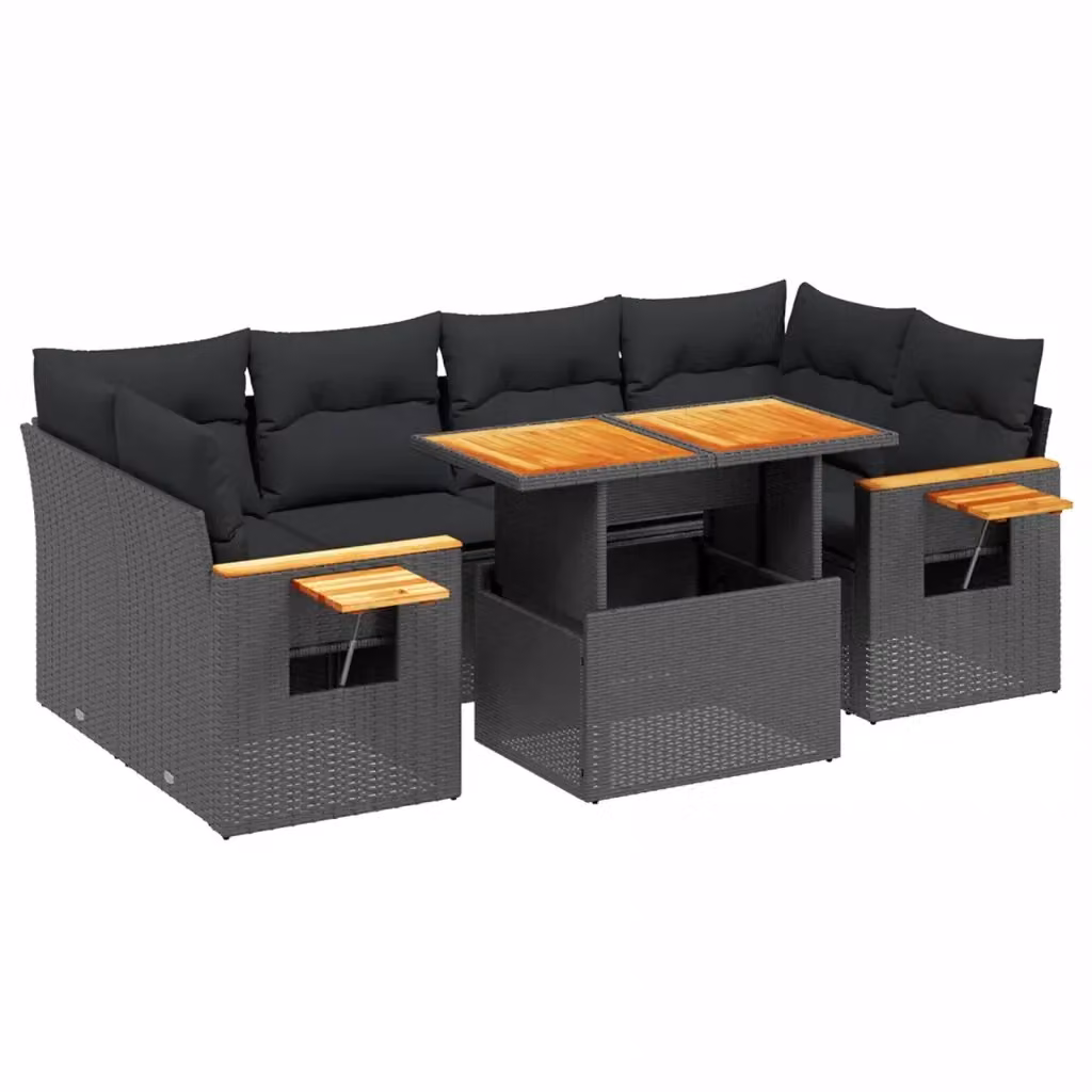 vidaXL Set Divano da Giardino a L con Cuscini 7pz in Polyrattan Nero e Legno di Acacia – 2