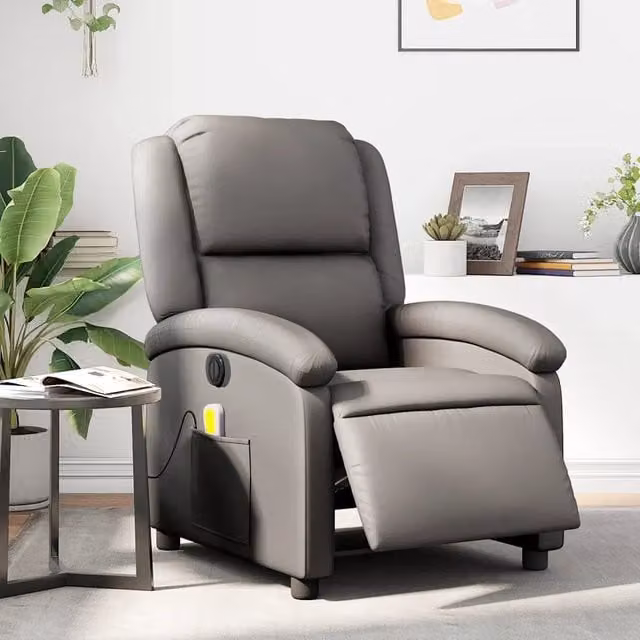 Poltrona Reclinabile Elettrica vidaXL in Vera Pelle Grigia con Braccioli – 1