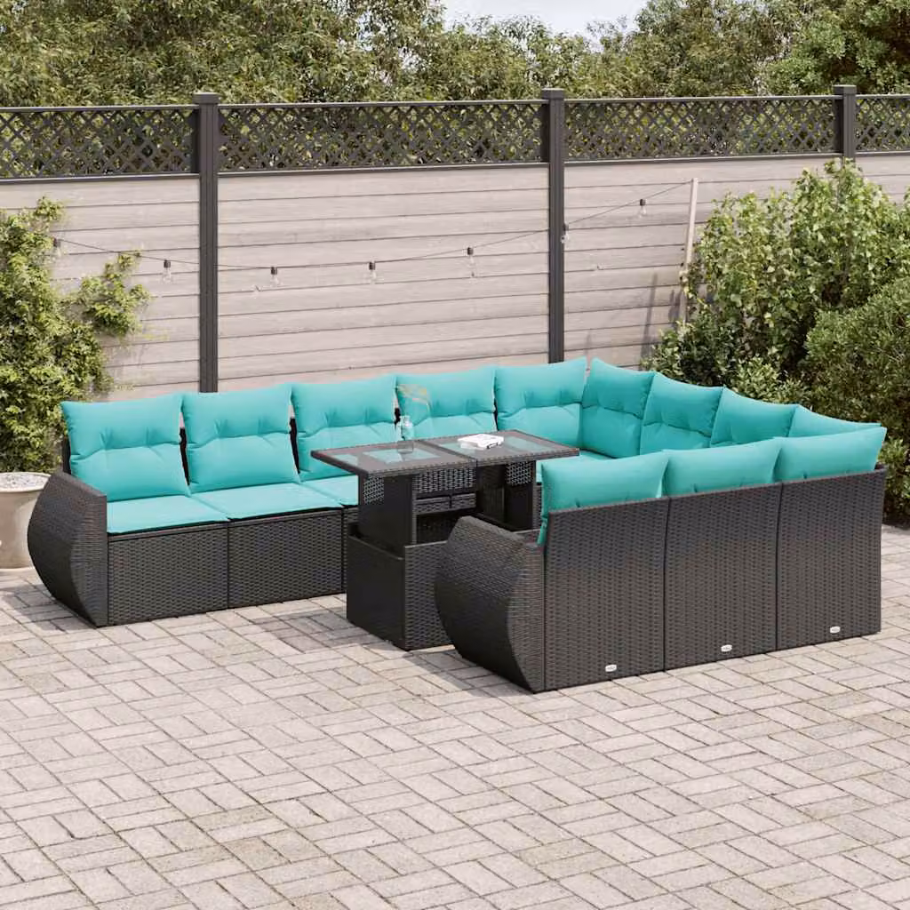 Set di divani da giardino vidaXL 11 pezzi in polyrattan e acacia con cuscini e tavolino da esterno a forma di U, colore nero e blu