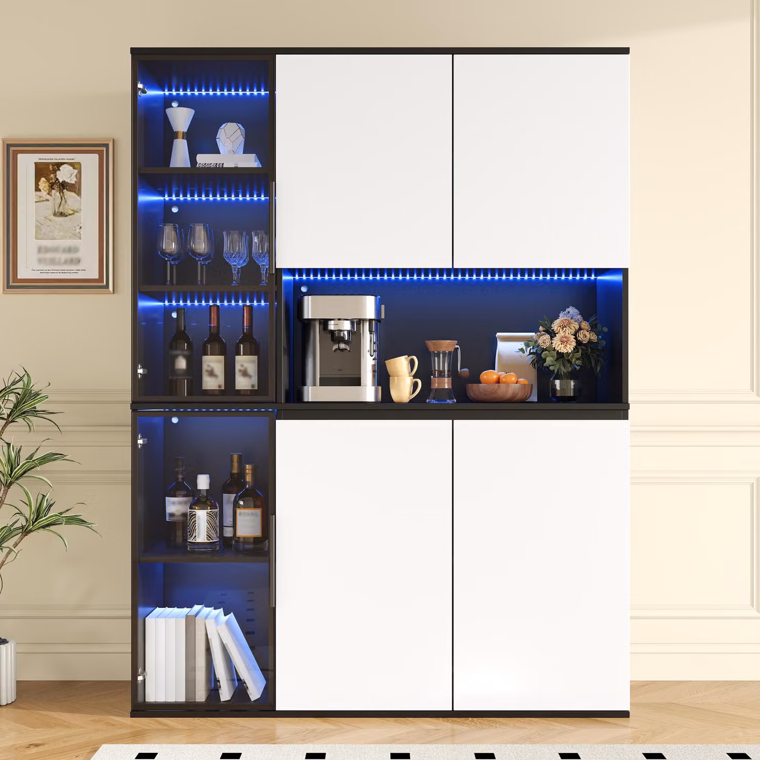 Armadi da cucina Flieks con elementi in vetro, luci LED integrate, credenza da cucina con ampio spazio di stoccaggio, mobile contenitore 120x40x160 cm, nero e bianco
