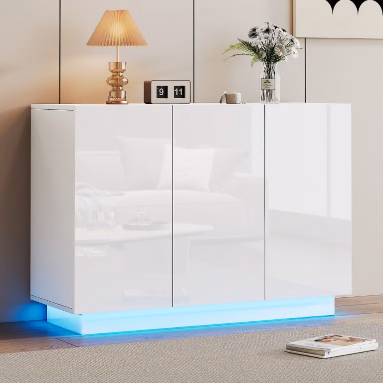MODFU Mobiletto da cucina (120 x 40 x 75 cm) - Mobiletto da cucina, credenza, credenzina, mobiletto da ingresso, mobiletto portaoggetti con finitura lucida e luce LED, bianco