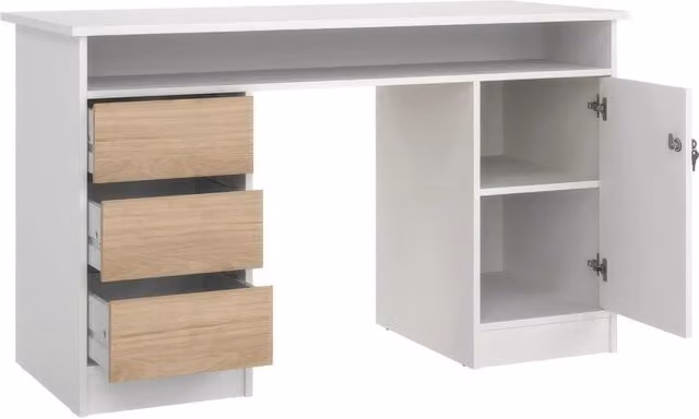 Scrivania in Kit Bianco e Quercia 126 x 55 x h 75 cm con 3 Cassetti e Serratura Function Plus