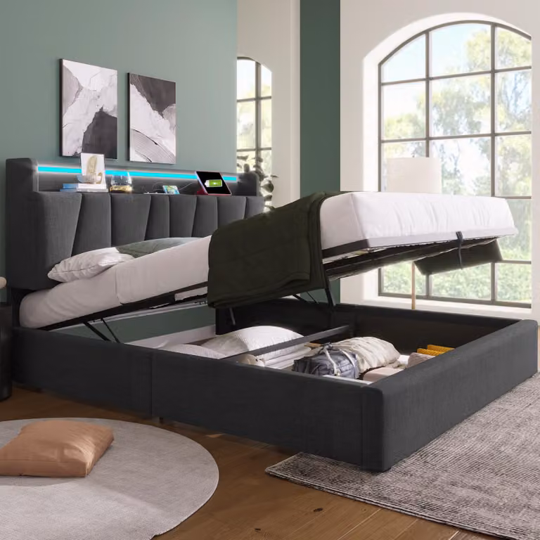 Letto imbottito MODFU letto matrimoniale 160x200cm con funzione di ricarica USB e illuminazione LED, letto a sacco idraulico (senza materasso), grigio