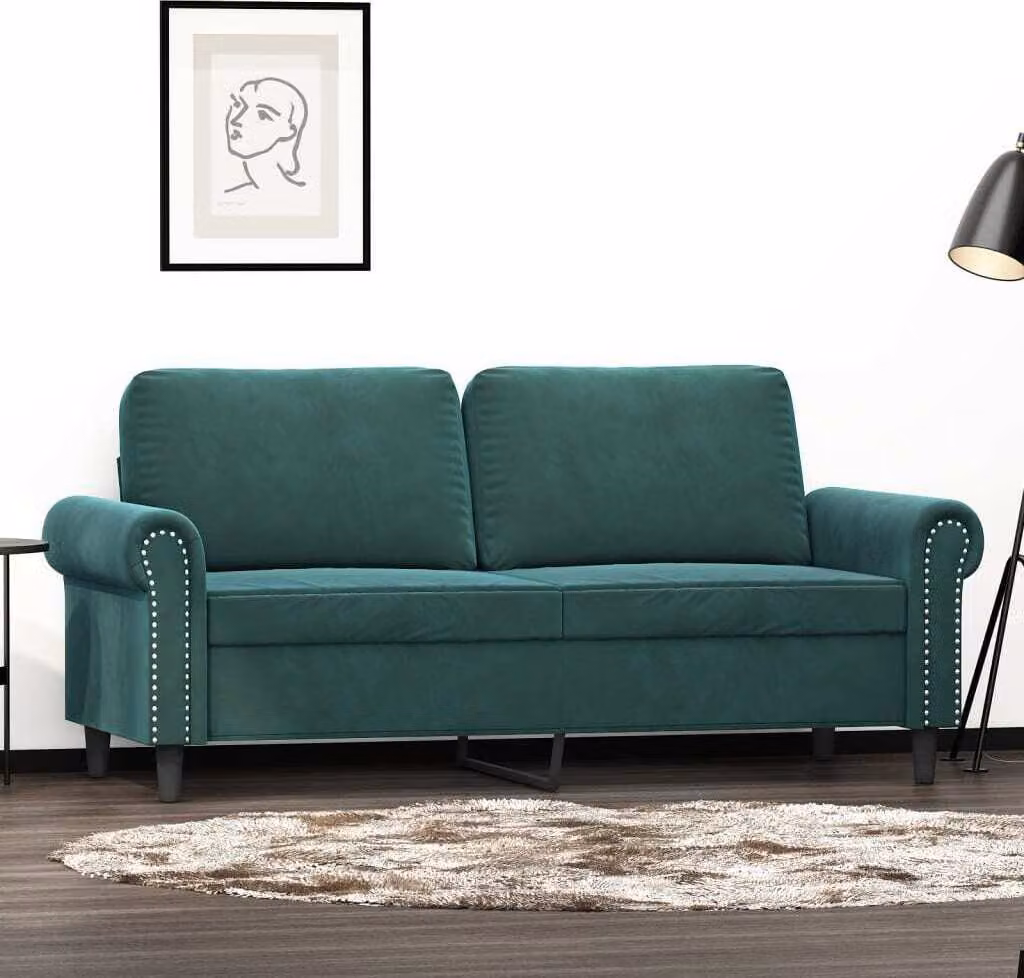 Divano a due posti, colore verde scuro, 140 cm, in velluto