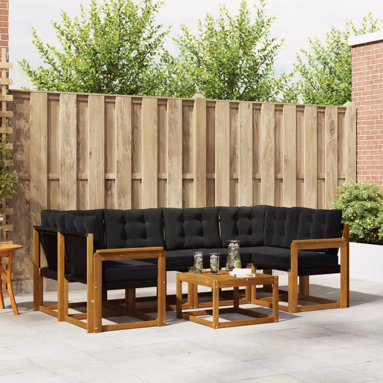Set di divani da esterno vidaXL 7 pz in legno di acacia con tavolo da caffè e cuscini, colore marrone e nero