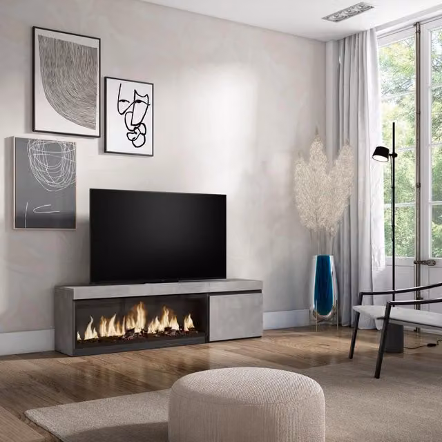 Mobile TV Soggiorno, 158x35x45cm, Per TV fino a 65", Camino elettrico XXL, grigio cemento RF3237