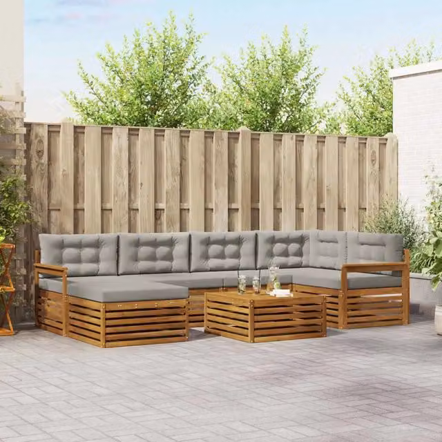 Set di divani da esterno a L vidaXL in legno di acacia con cuscini grigi e tavolino da giardino