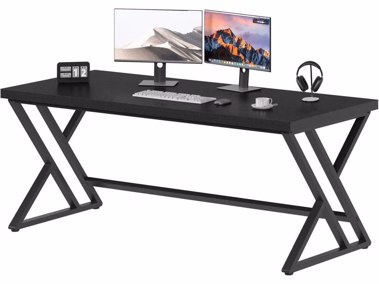 Scrivania in metallo e legno, colore nero, dimensioni 152x60x75,5 cm