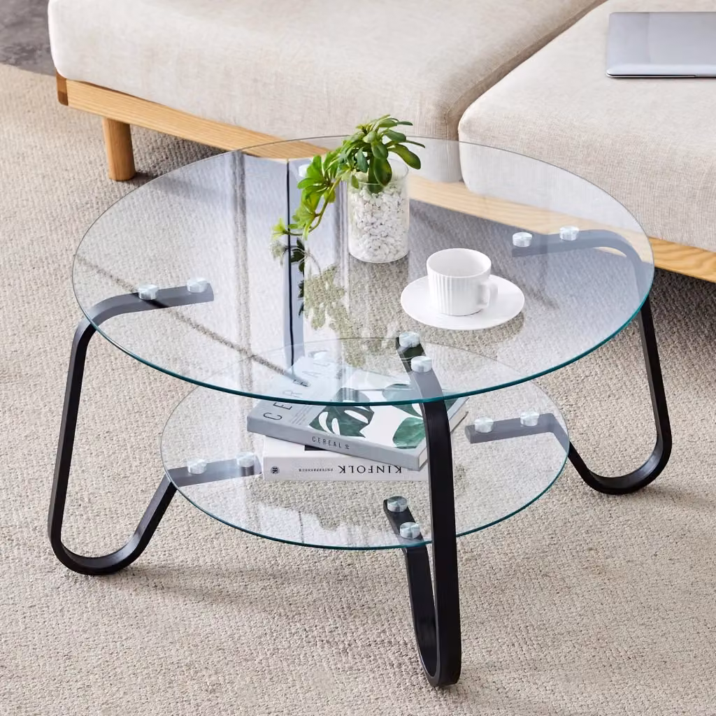 Tavolino basso rotondo OKWISH in metallo nero e vetro trasparente stile industriale per soggiorno – 2