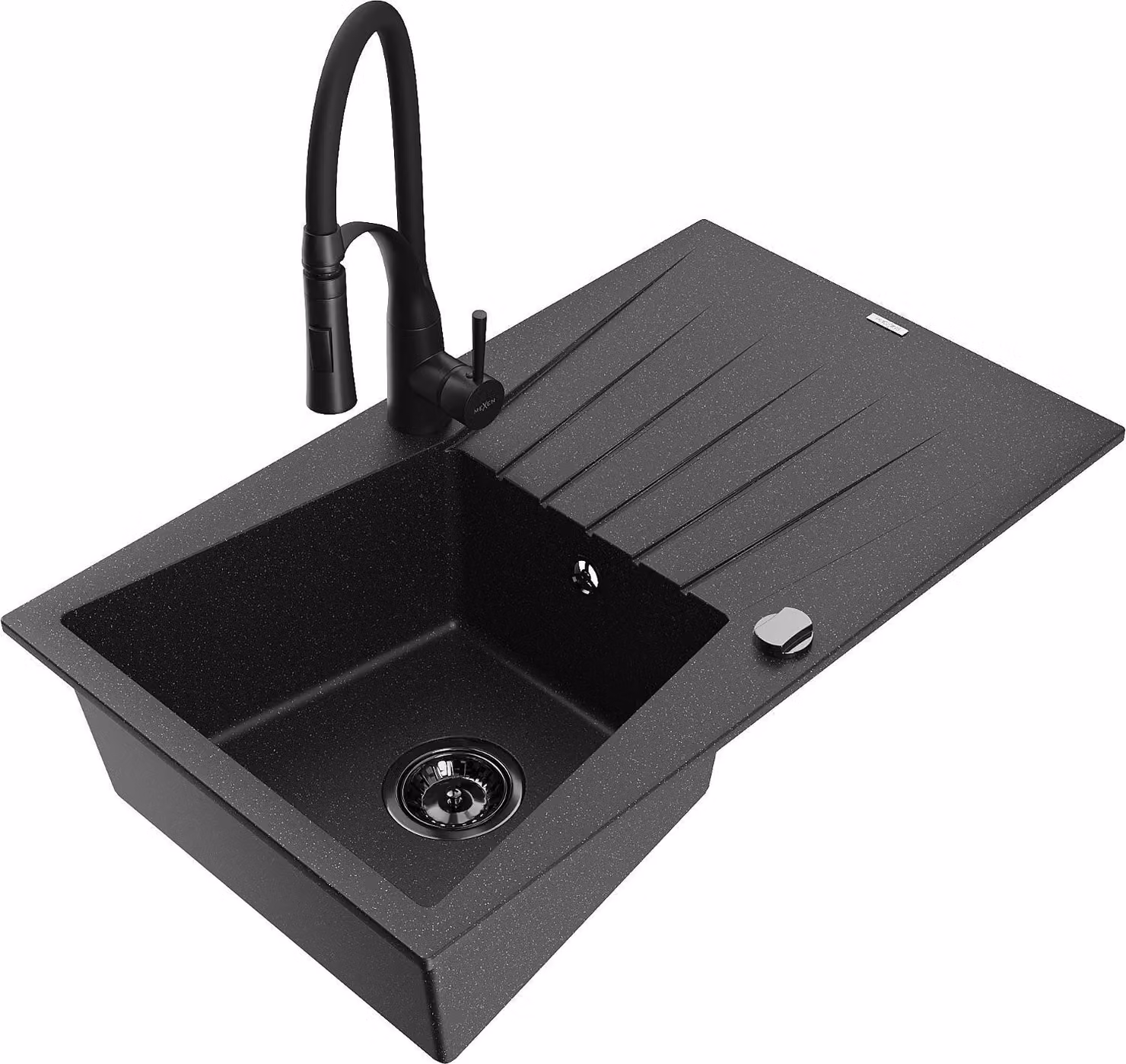 Mexen Cesar lavello in granito a 1 vasca con sgocciolatoio e rubinetto da cucina Aster, nero/argento metallizzato