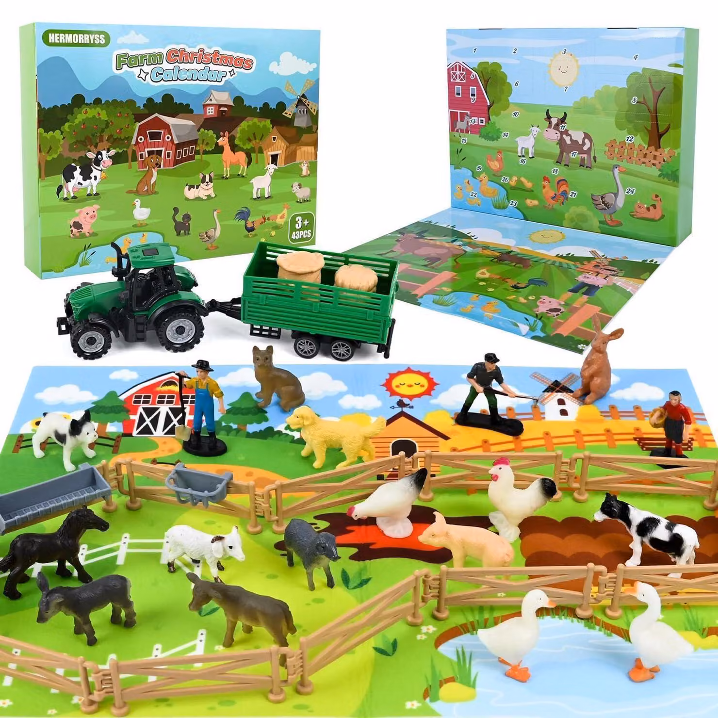 Calendario dell'Avvento a tema fattoria, con personaggi, trattore e accessori per bambini
