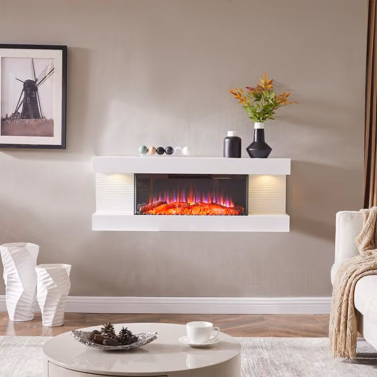 Stufa elettrica da parete, 1800 W, bianca, design moderno, effetto fiamma LED