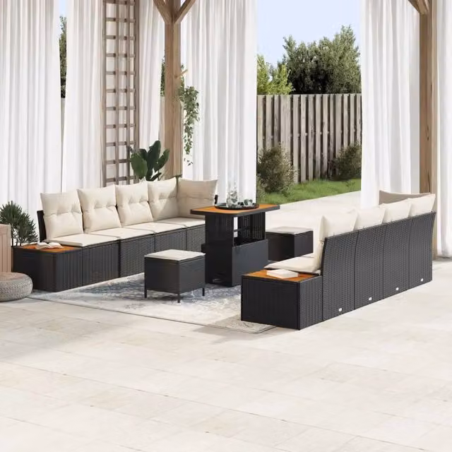 Set Divano da Giardino Moderno vidaXL da 11 Pezzi con Tavolino e Pouf, Colore Nero e Beige – 1