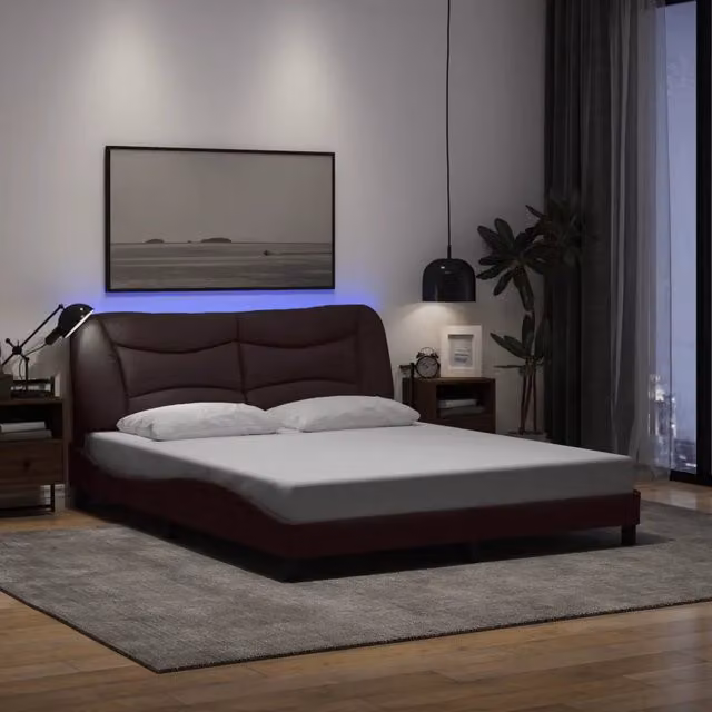 Letto con base a giroletto Hvar vidaXL con illuminazione LED e porta USB, tessuto marrone, L/P: 160 x 200 cm – 1