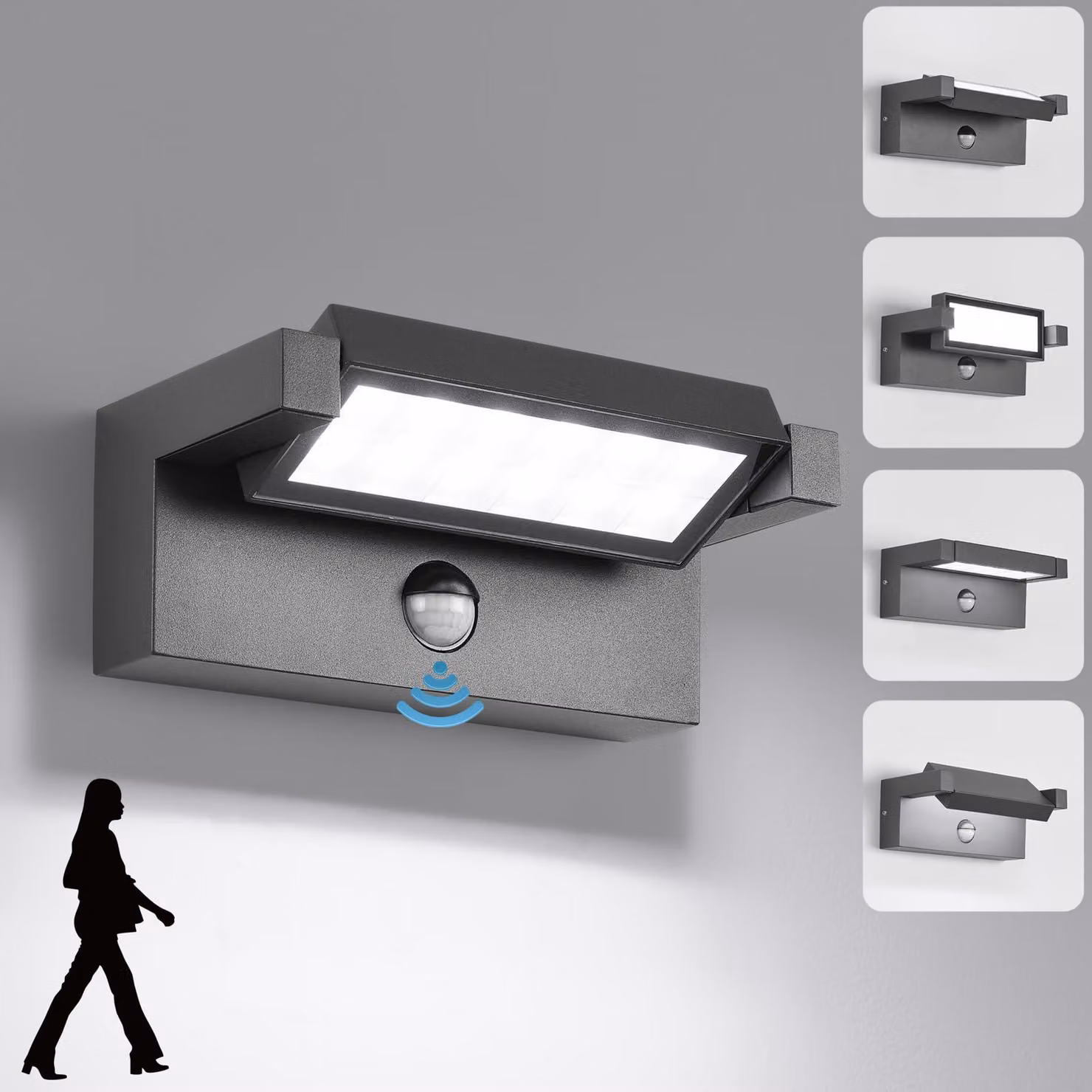 Lampada da parete a LED da 22 W con sensore di movimento, grado di protezione IP65, temperatura di colore 6500 K, colore grigio scuro