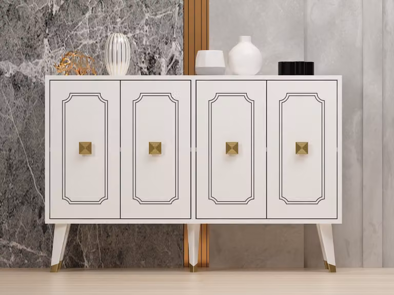 Skye Decor, Roland - Bianco, Oro, Consolle, Bianco, 100% PANNELLI DI PARTICELLE RIVESTITI IN MELAMMINA, 120 x 30 x 80 cm