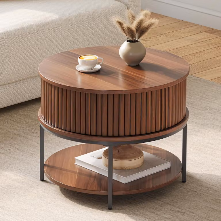 Tavolino da caffè rotondo, a 2 livelli, con spazio contenitore, ante scorrevoli, in legno noce, stile classico