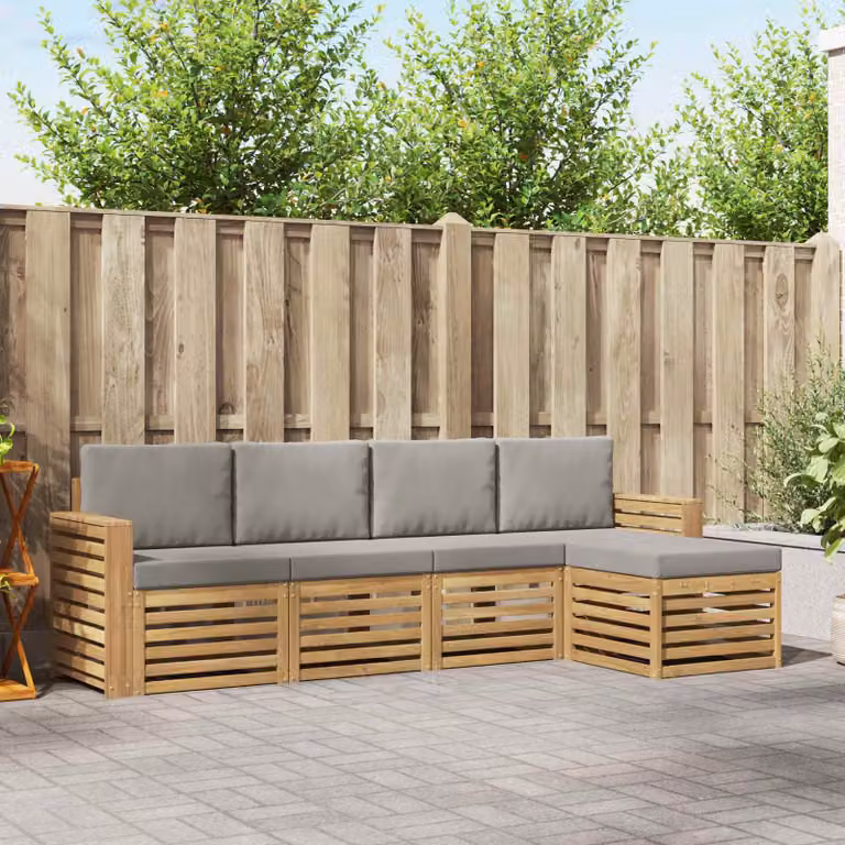 Set di divani da esterno vidaXL a forma di L con pouf, in legno di acacia e tessuto bianco e grigio