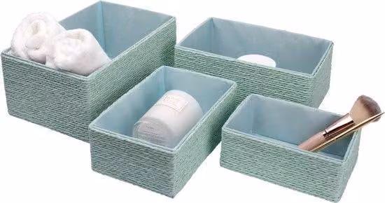 Set di 4 scatole portaoggetti Unyqoos® – cesti in cartone biodegradabile, realizzati a mano, color verde menta, nelle seguenti dimensioni: XL 28x18x12 cm, L 25x16x10 cm, M 22x14x8 cm, S 18x12x7 cm
